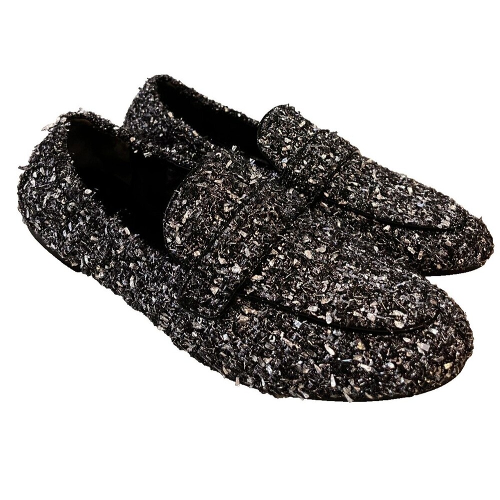 TORY BURCH Size 8.5 CRINKLE Tweed ELASTIC LOAFER Metallic Sequin Black White NEW